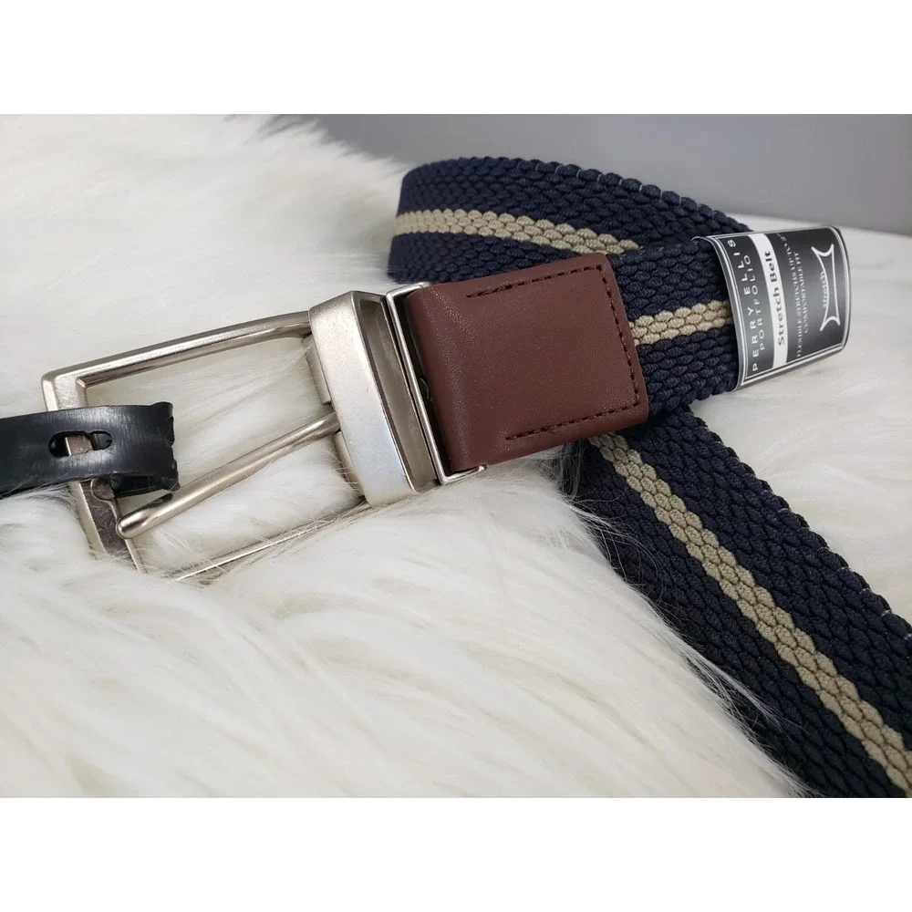 NEW SIZE 30 REVERSIBLE Perry Ellis Mens Canvas BLACK BLUE STretch belt golf prep